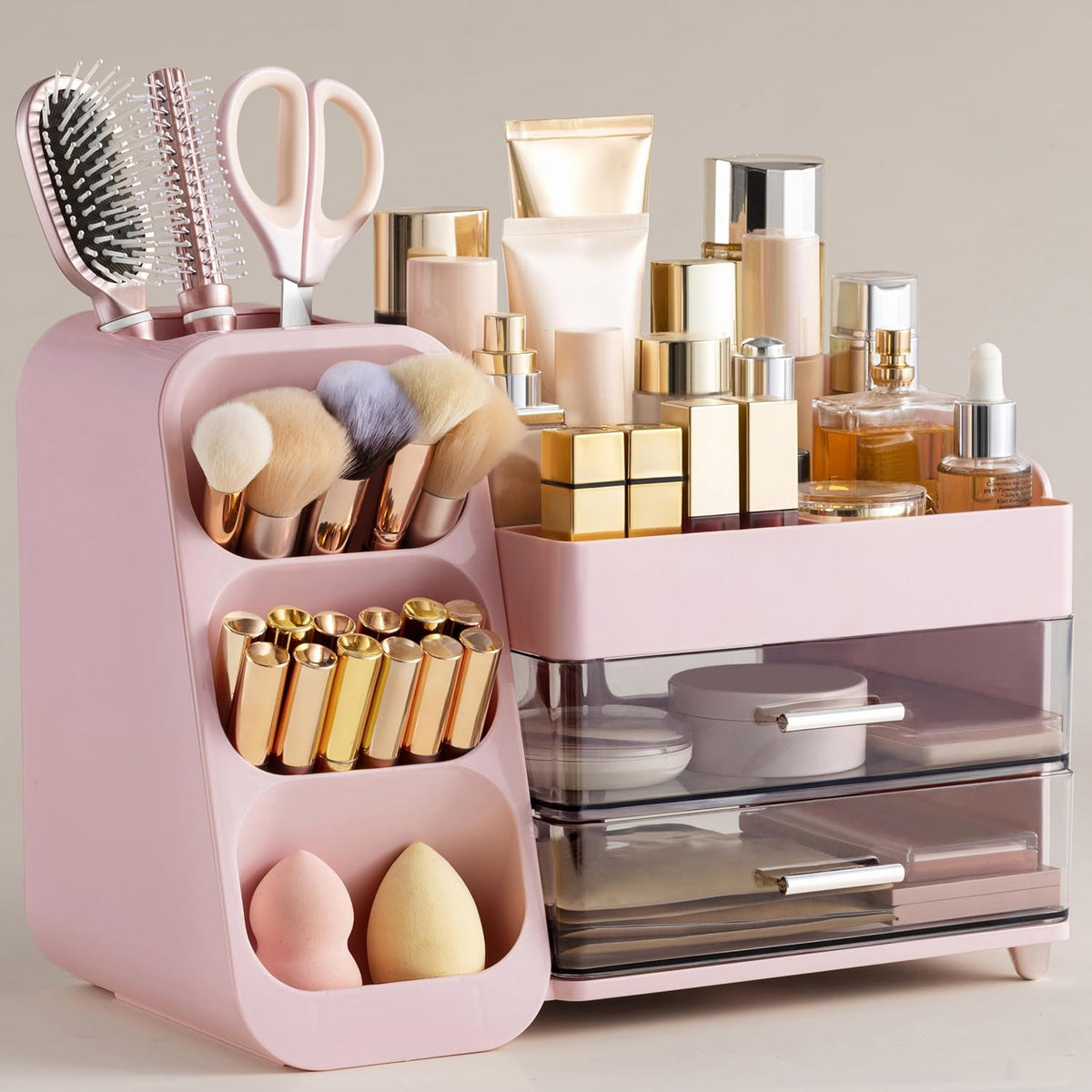 Makeup Organizer with Brush Holder for Vanity, Large Plastic Bathroom Countertop Organizer Skin Care Storage, Easy to Store Lipsticks, Nail Polishes, Perfumes, Eyeshadow Palettes, Pink