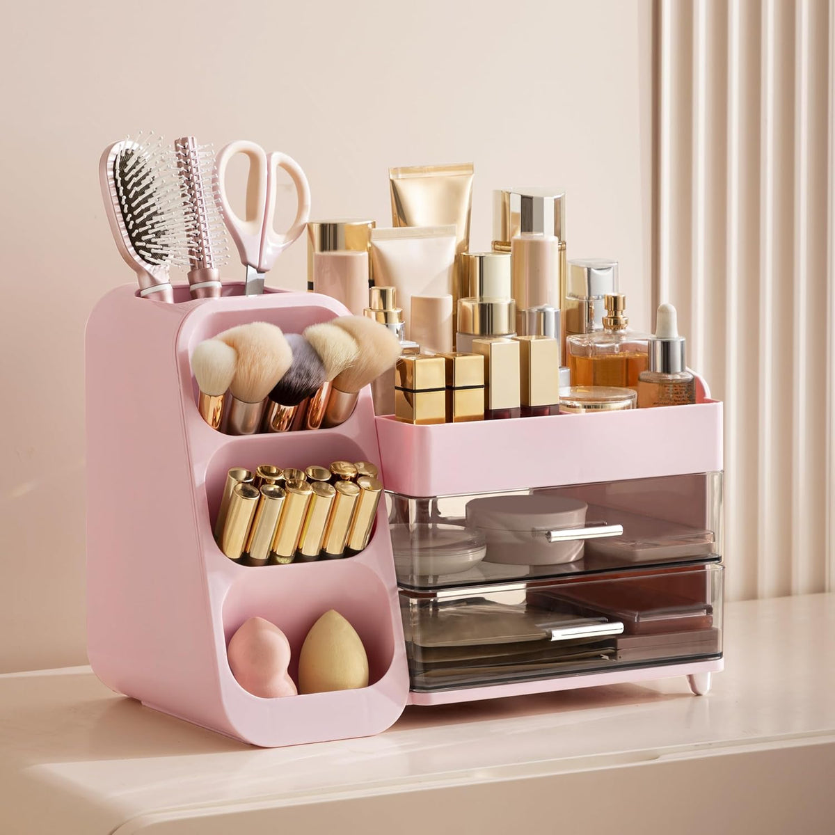 Makeup Organizer with Brush Holder for Vanity, Large Plastic Bathroom Countertop Organizer Skin Care Storage, Easy to Store Lipsticks, Nail Polishes, Perfumes, Eyeshadow Palettes, Pink