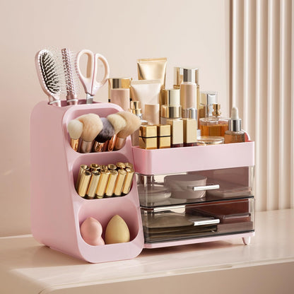 Makeup Organizer with Brush Holder for Vanity, Large Plastic Bathroom Countertop Organizer Skin Care Storage, Easy to Store Lipsticks, Nail Polishes, Perfumes, Eyeshadow Palettes, Pink