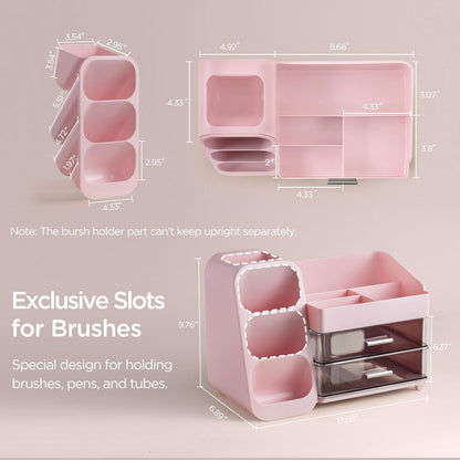 Makeup Organizer with Brush Holder for Vanity, Large Plastic Bathroom Countertop Organizer Skin Care Storage, Easy to Store Lipsticks, Nail Polishes, Perfumes, Eyeshadow Palettes, Pink