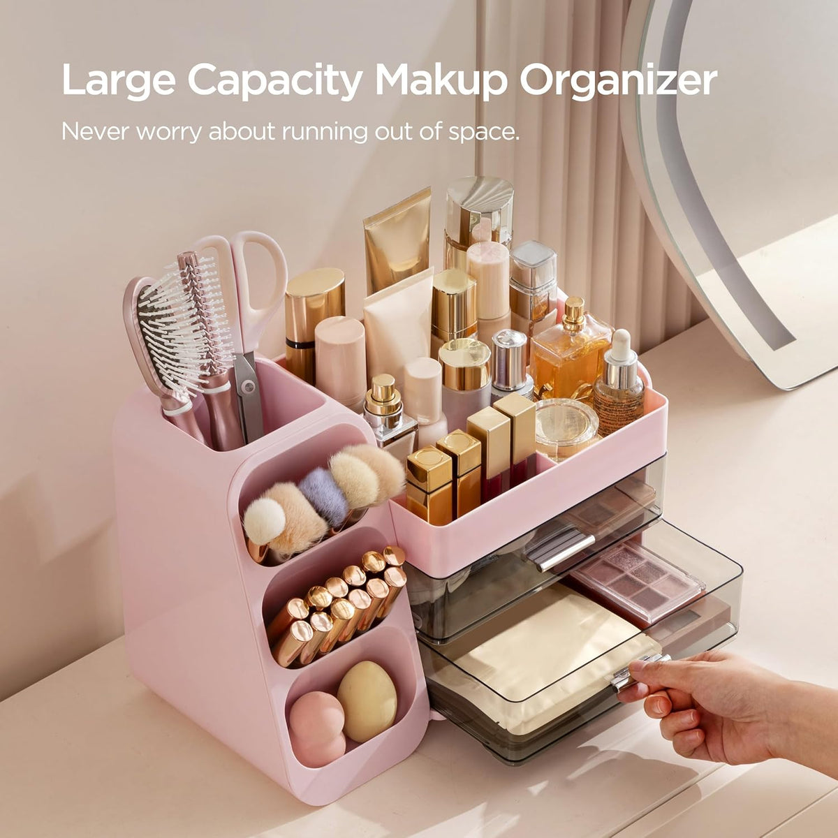 Makeup Organizer with Brush Holder for Vanity, Large Plastic Bathroom Countertop Organizer Skin Care Storage, Easy to Store Lipsticks, Nail Polishes, Perfumes, Eyeshadow Palettes, Pink