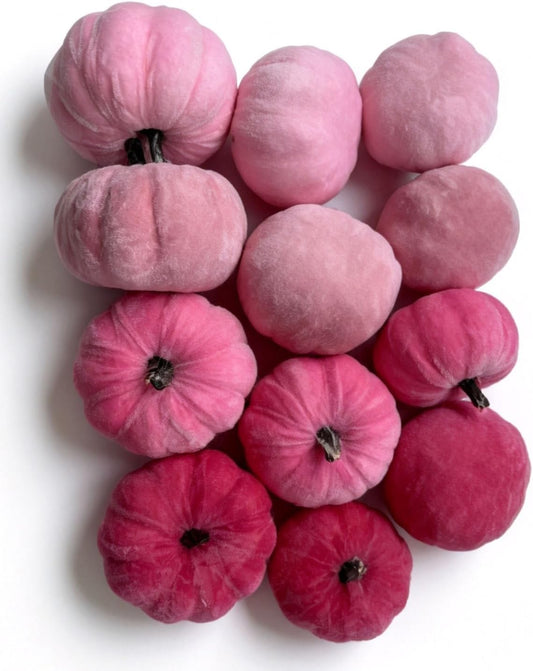 12 Pack Assorted Small Velvet Pumpkins – Assorted Sizes Faux Fabric Pumpkins in Soft Pastel Pink, Foam Pumpkins Farmhouse Thanksgiving Table Centerpiece Halloween Decor
