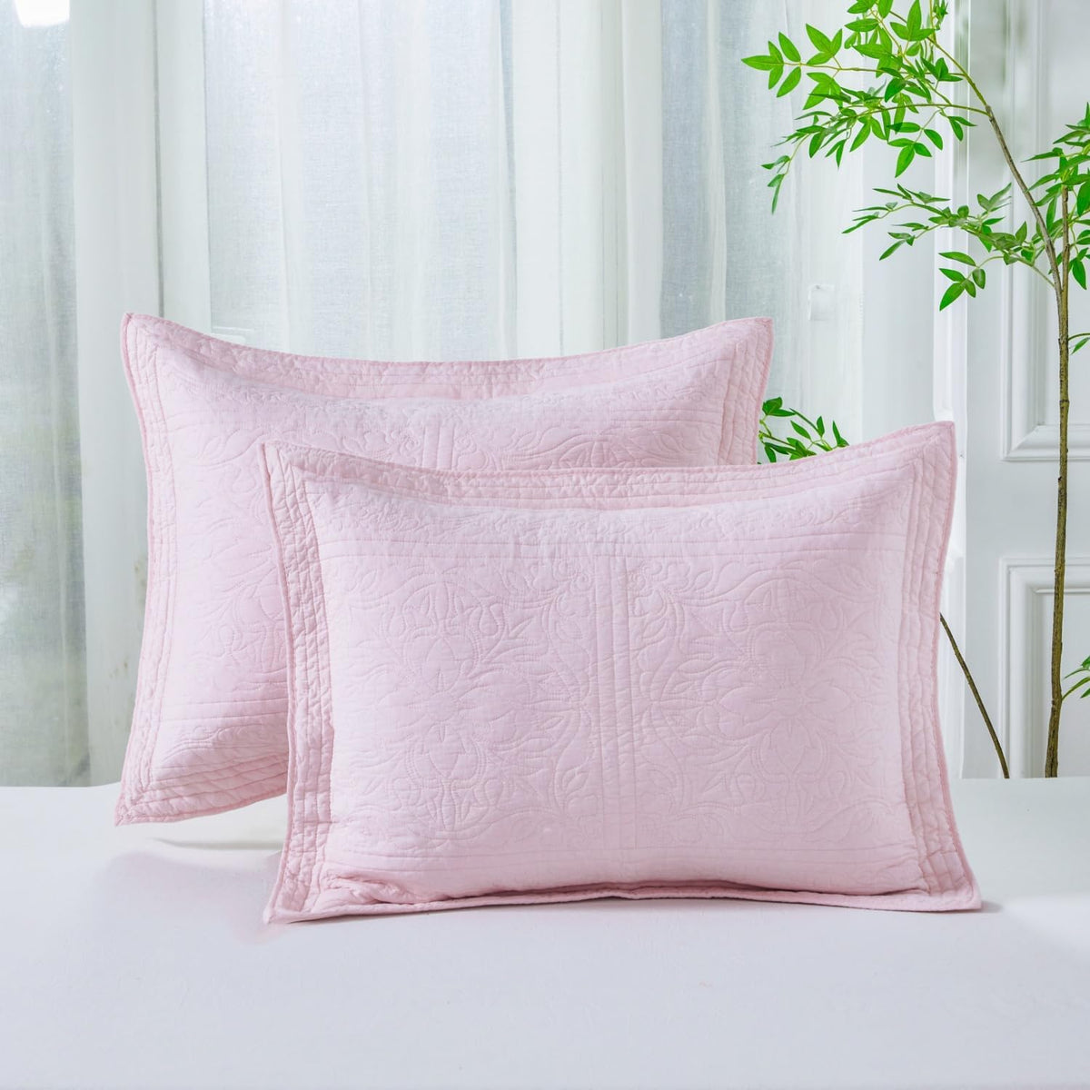 100% Cotton Quilted Pillow Sham Floral Printed Pillow Cover Set of 2 (King Size, Light Pink)