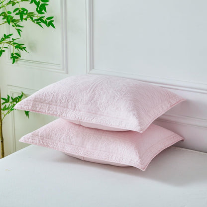 100% Cotton Quilted Pillow Sham Floral Printed Pillow Cover Set of 2 (King Size, Light Pink)