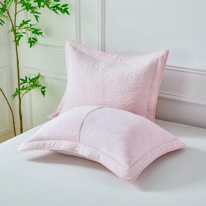 100% Cotton Quilted Pillow Sham Floral Printed Pillow Cover Set of 2 (King Size, Light Pink)