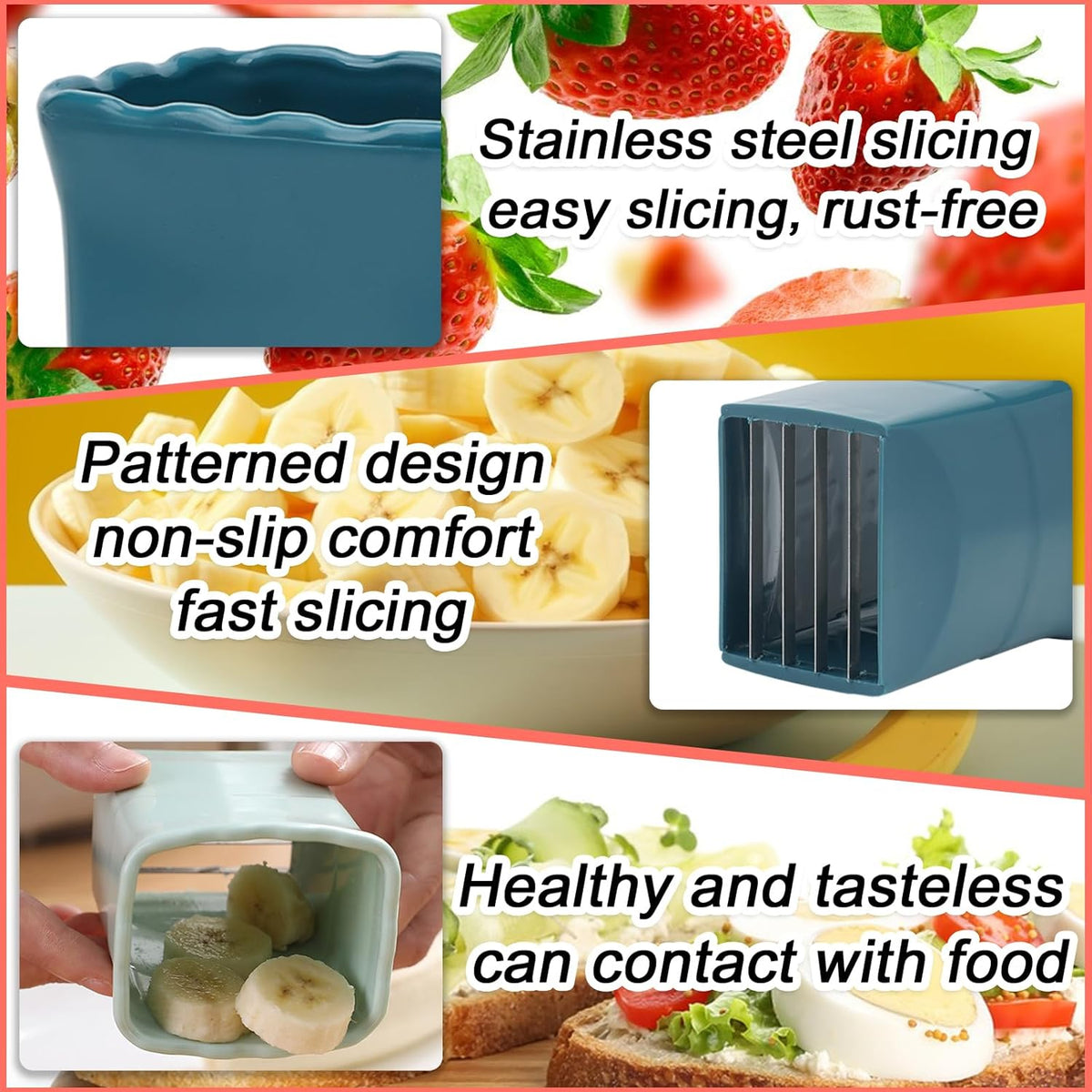 3 PCS Cup Slicer, Stainless Steel Egg Stainless, Strawberry Slicer, Mini Fruit Slicer Cup, Quickly Making Fruit Vegetable Salad, Creative Convenient Kitchen Gadget (Navy Blue + Pink + Cyan)
