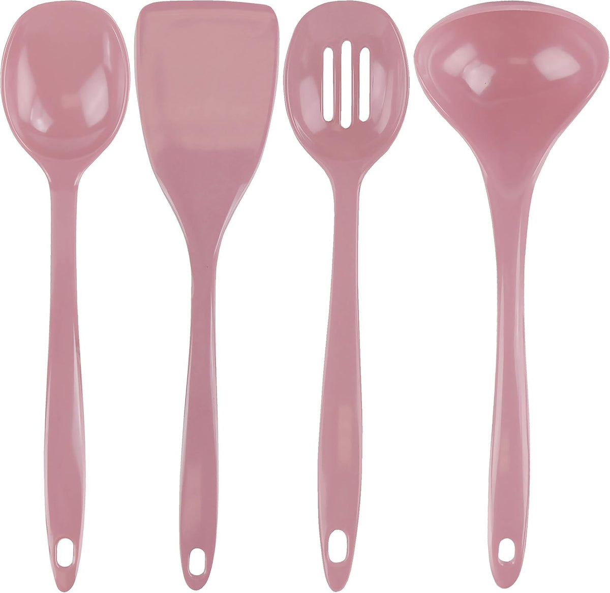 100% Melamine Kitchen Utensil Set, Non Scratching Ladle, Spoon, Slotted Spoon & Spatula, Easy To Hold, Set of 4, Pink