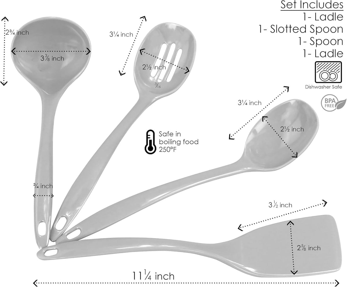 100% Melamine Kitchen Utensil Set, Non Scratching Ladle, Spoon, Slotted Spoon & Spatula, Easy To Hold, Set of 4, Pink