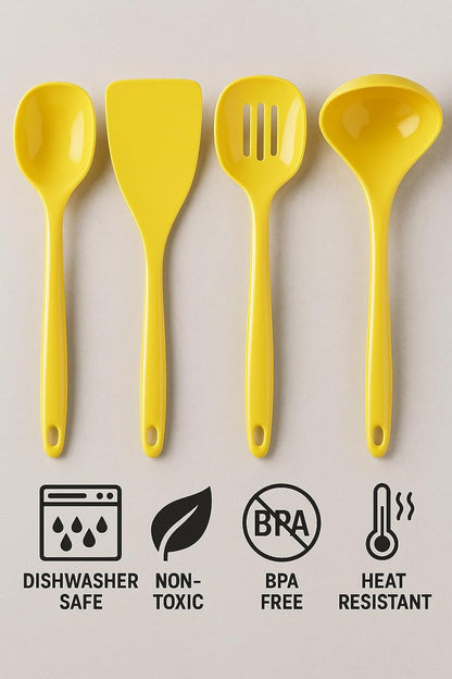 100% Melamine Kitchen Utensil Set, Non Scratching Ladle, Spoon, Slotted Spoon & Spatula, Easy To Hold, Set of 4, Pink