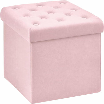 Storage Ottoman Cube, Velvet Tufted Folding Ottomans with Lid, Footstool Rest Padded Seat for Bedroom (Pink, Medium)