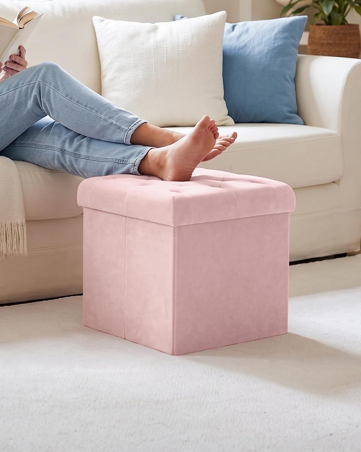 Storage Ottoman Cube, Velvet Tufted Folding Ottomans with Lid, Footstool Rest Padded Seat for Bedroom (Pink, Medium)