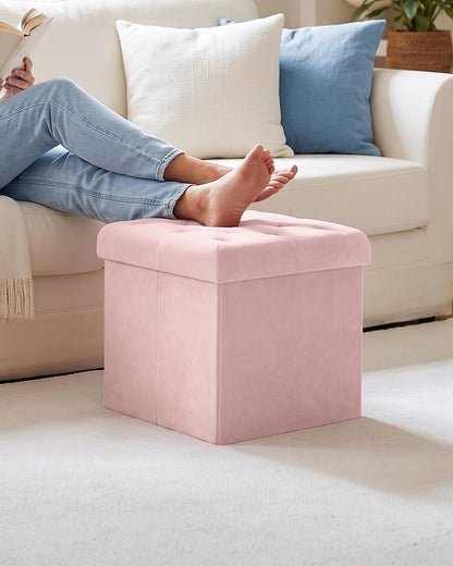 Storage Ottoman Cube, Velvet Tufted Folding Ottomans with Lid, Footstool Rest Padded Seat for Bedroom (Pink, Medium)