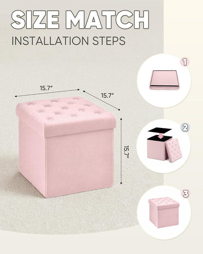 Storage Ottoman Cube, Velvet Tufted Folding Ottomans with Lid, Footstool Rest Padded Seat for Bedroom (Pink, Medium)