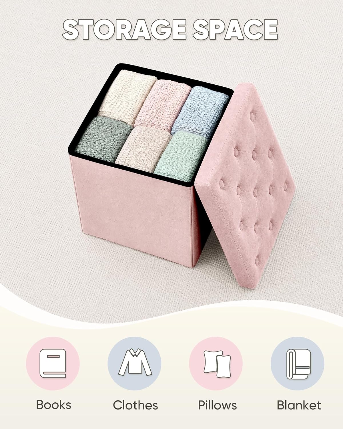 Storage Ottoman Cube, Velvet Tufted Folding Ottomans with Lid, Footstool Rest Padded Seat for Bedroom (Pink, Medium)