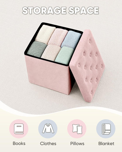 Storage Ottoman Cube, Velvet Tufted Folding Ottomans with Lid, Footstool Rest Padded Seat for Bedroom (Pink, Medium)