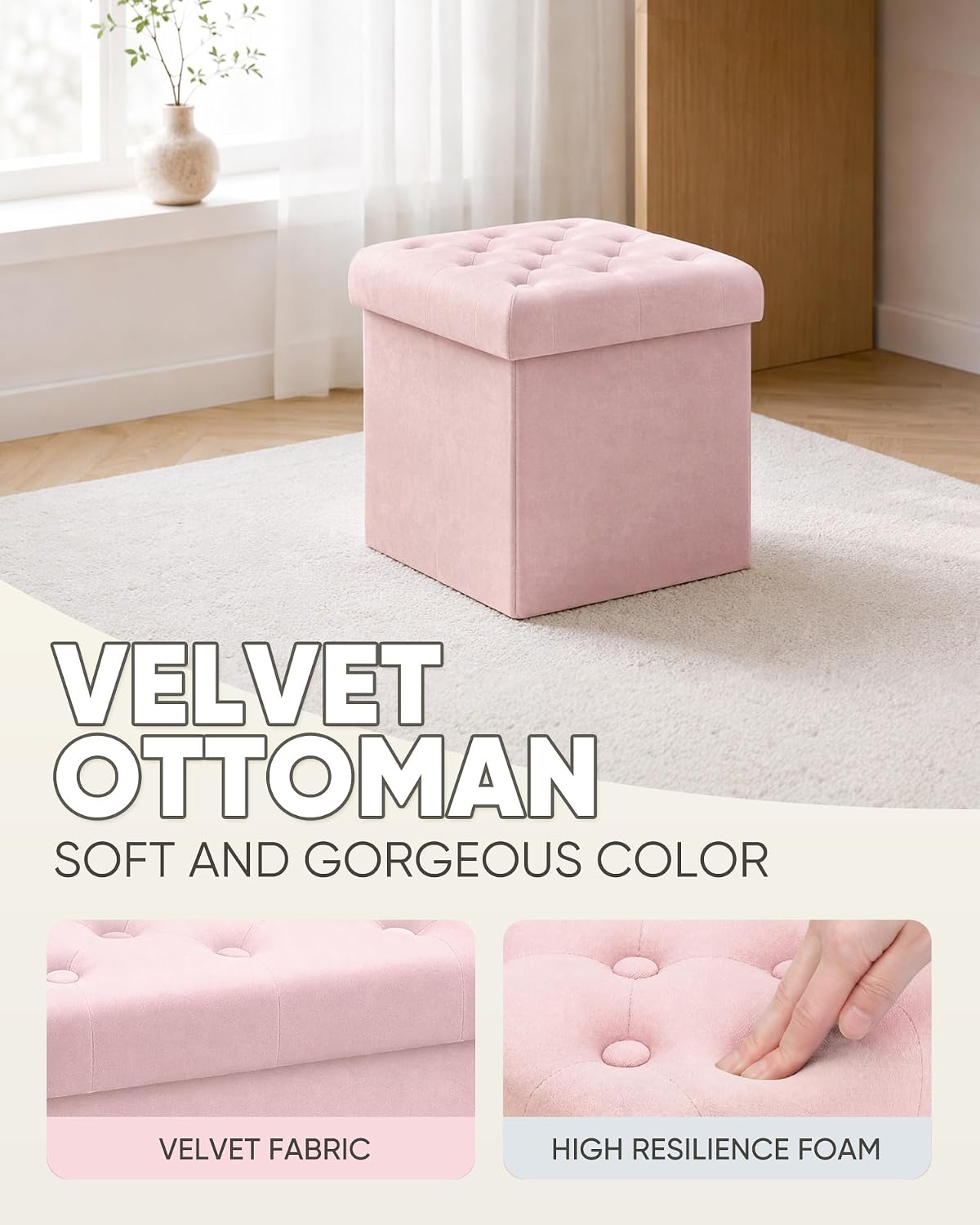 Storage Ottoman Cube, Velvet Tufted Folding Ottomans with Lid, Footstool Rest Padded Seat for Bedroom (Pink, Medium)