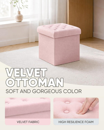 Storage Ottoman Cube, Velvet Tufted Folding Ottomans with Lid, Footstool Rest Padded Seat for Bedroom (Pink, Medium)