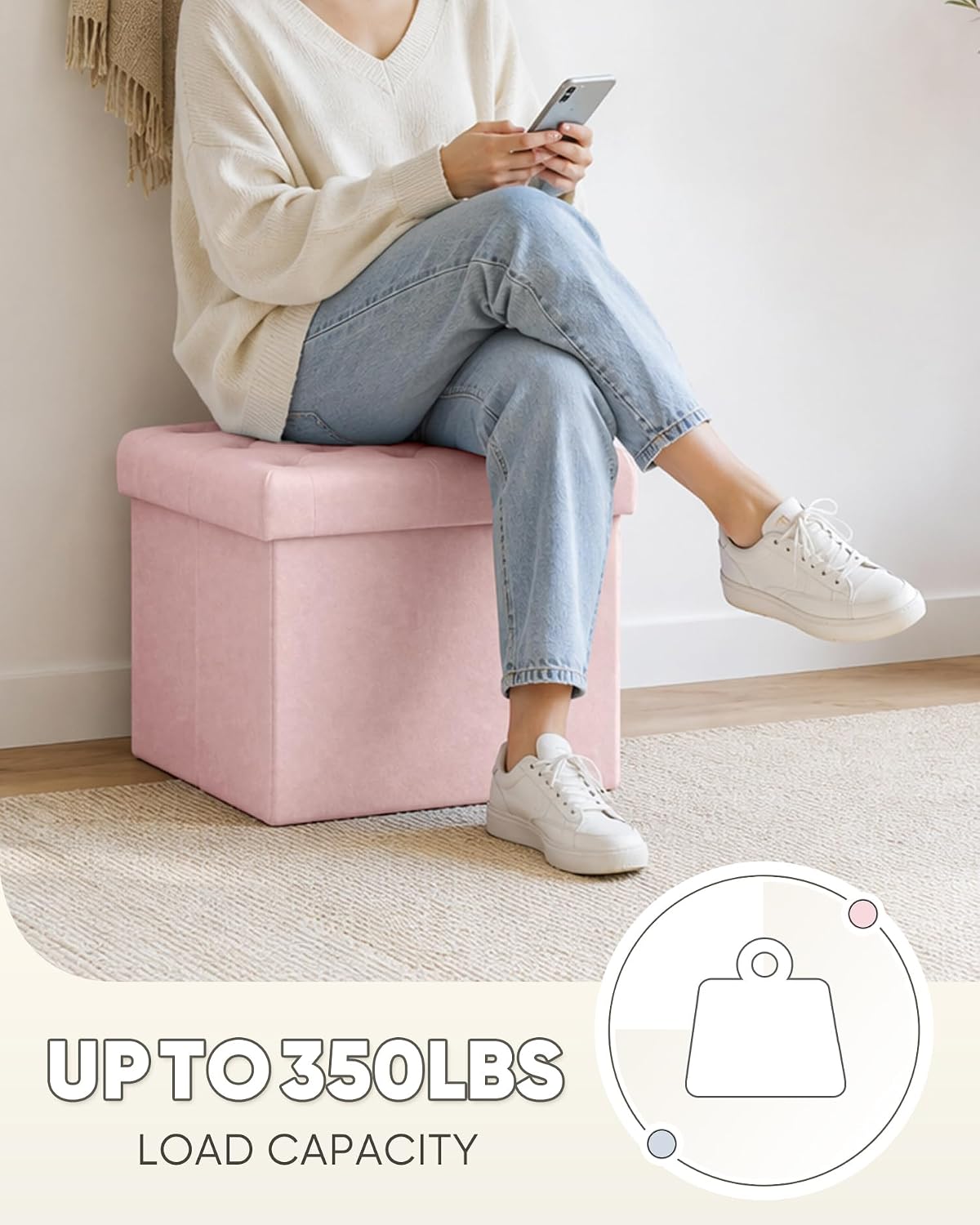 Storage Ottoman Cube, Velvet Tufted Folding Ottomans with Lid, Footstool Rest Padded Seat for Bedroom (Pink, Medium)