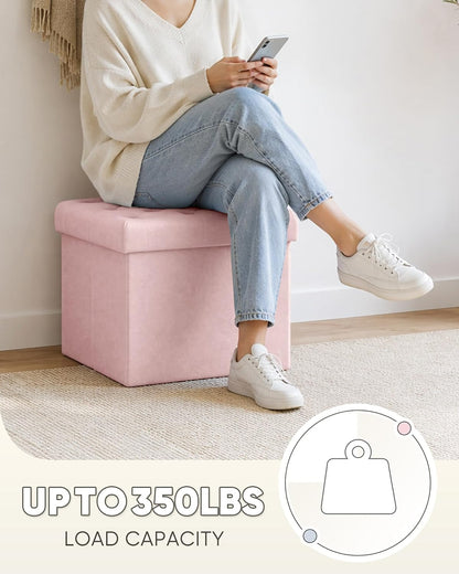 Storage Ottoman Cube, Velvet Tufted Folding Ottomans with Lid, Footstool Rest Padded Seat for Bedroom (Pink, Medium)