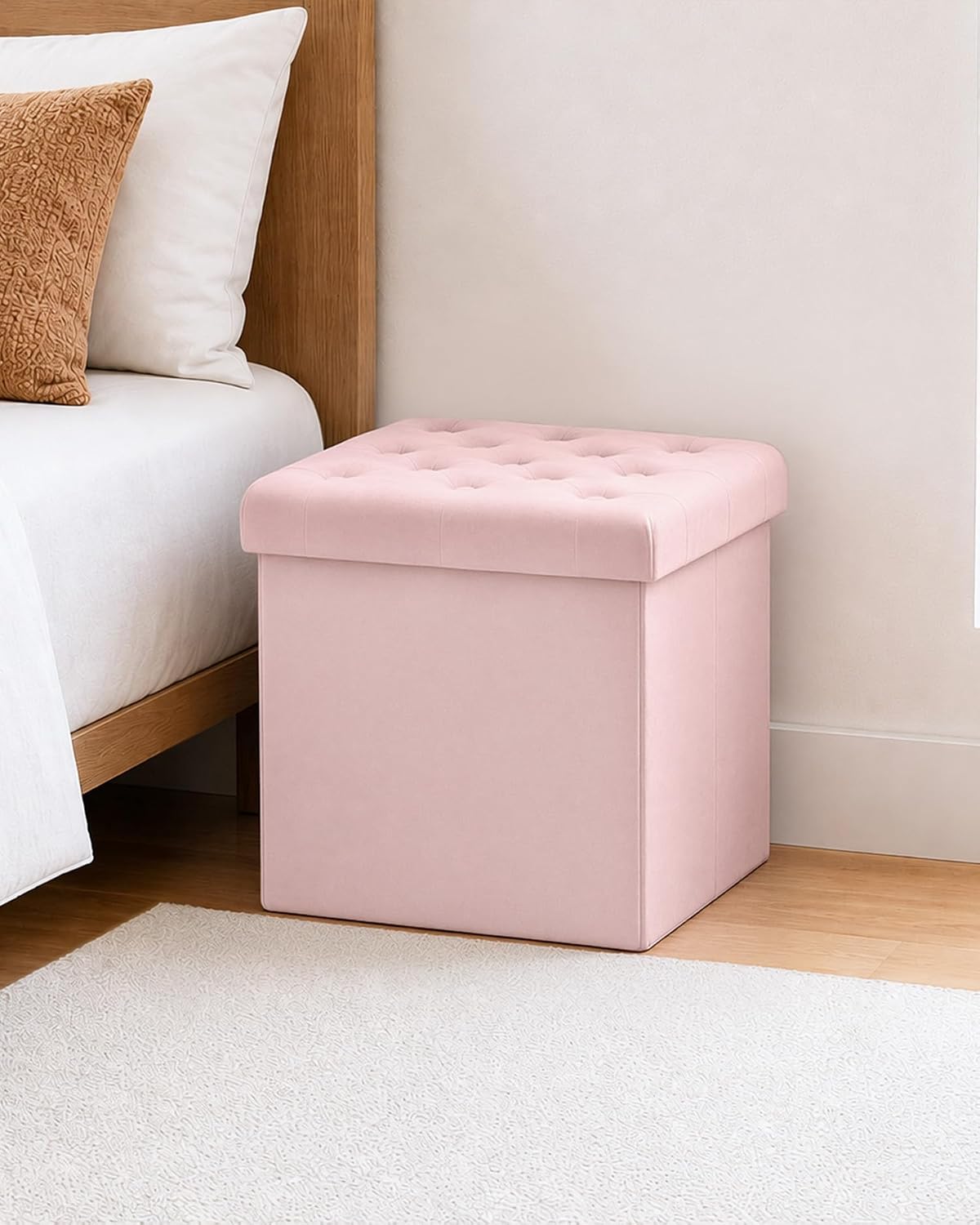 Storage Ottoman Cube, Velvet Tufted Folding Ottomans with Lid, Footstool Rest Padded Seat for Bedroom (Pink, Medium)