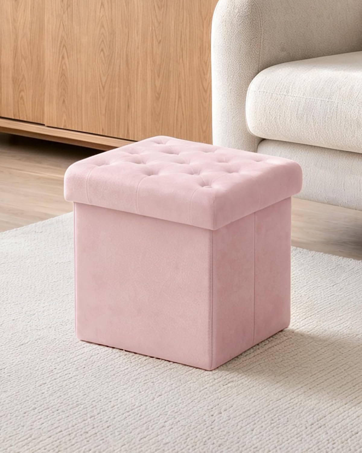 Storage Ottoman Cube, Velvet Tufted Folding Ottomans with Lid, Footstool Rest Padded Seat for Bedroom (Pink, Medium)