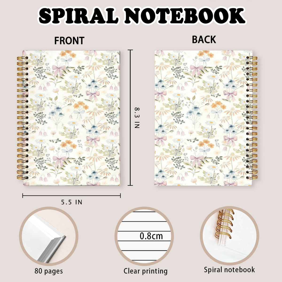 Cute Spiral Notebook Journal for Women,Journal for Teen Girls Floral Pastel Pretty Hardcover Spiral Notebook for Women School Aesthetic Pink Journal for Teen Girls 5.5x8.3
