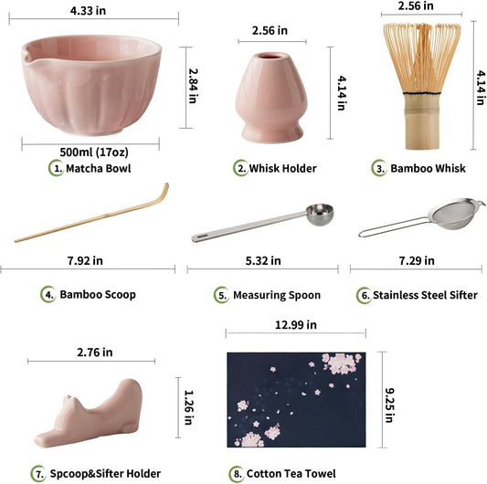 Matcha Whisk Set of 8 - Ceramic Matcha Set, Include Matcha Bowl, Matcha Whisk and Holder, Bamboo Scoop, Measuring Spoon, Scoop Rest, Sifter and Tea Towel - Matcha Kit Gift for Matcha Lovers