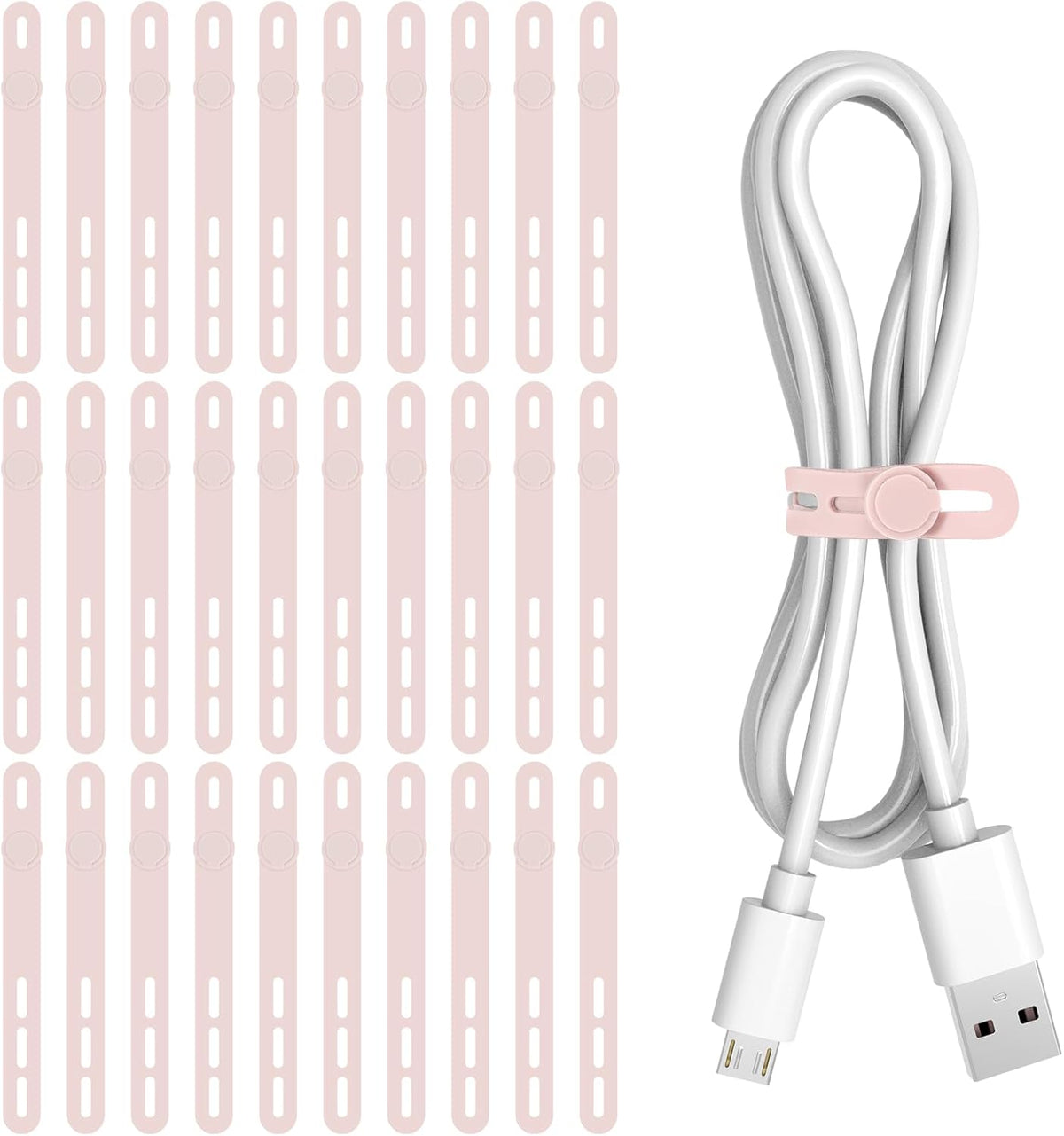 30Pcs Silicone Cable Ties, Reusable Cord Organizer Straps, Pink