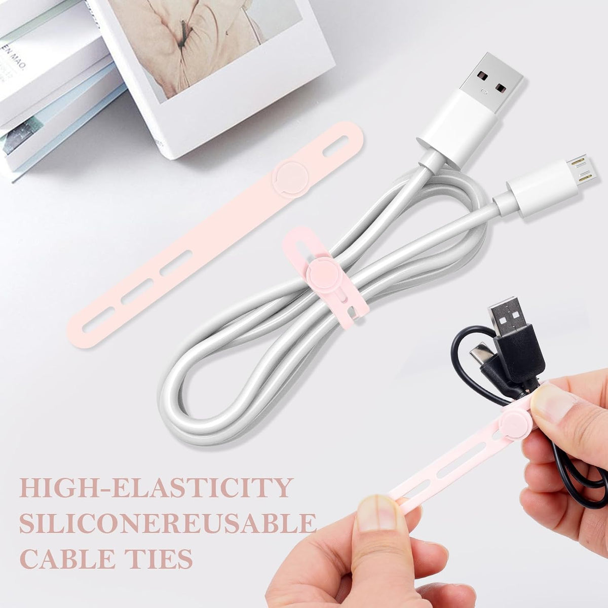 30Pcs Silicone Cable Ties, Reusable Cord Organizer Straps, Pink