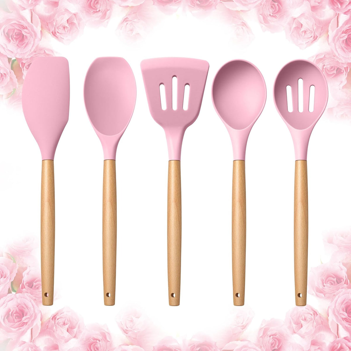 Silicone Cooking Utensils Set, 5-Piece Kitchen Utensils Set with Wooden Handle for Cooking, Silicone Kitchen Nonstick Tools Spatula Turner Slotted Spoons, Nontoxic & Heat Resistant-Pink