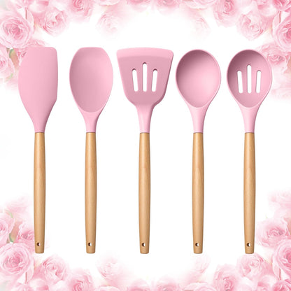 Silicone Cooking Utensils Set, 5-Piece Kitchen Utensils Set with Wooden Handle for Cooking, Silicone Kitchen Nonstick Tools Spatula Turner Slotted Spoons, Nontoxic & Heat Resistant-Pink