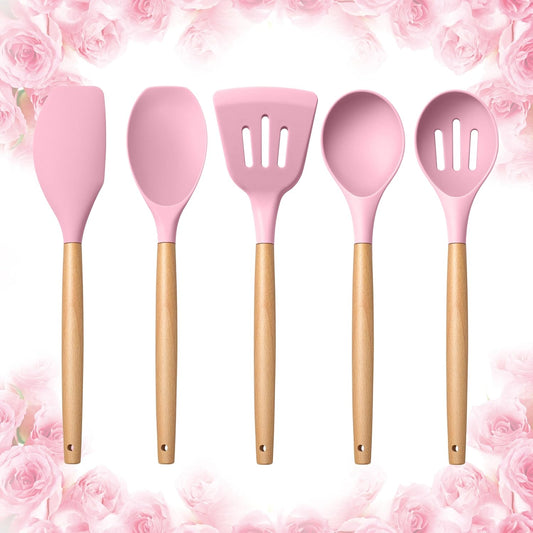 Silicone Cooking Utensils Set, 5-Piece Kitchen Utensils Set with Wooden Handle for Cooking, Silicone Kitchen Nonstick Tools Spatula Turner Slotted Spoons, Nontoxic & Heat Resistant-Pink