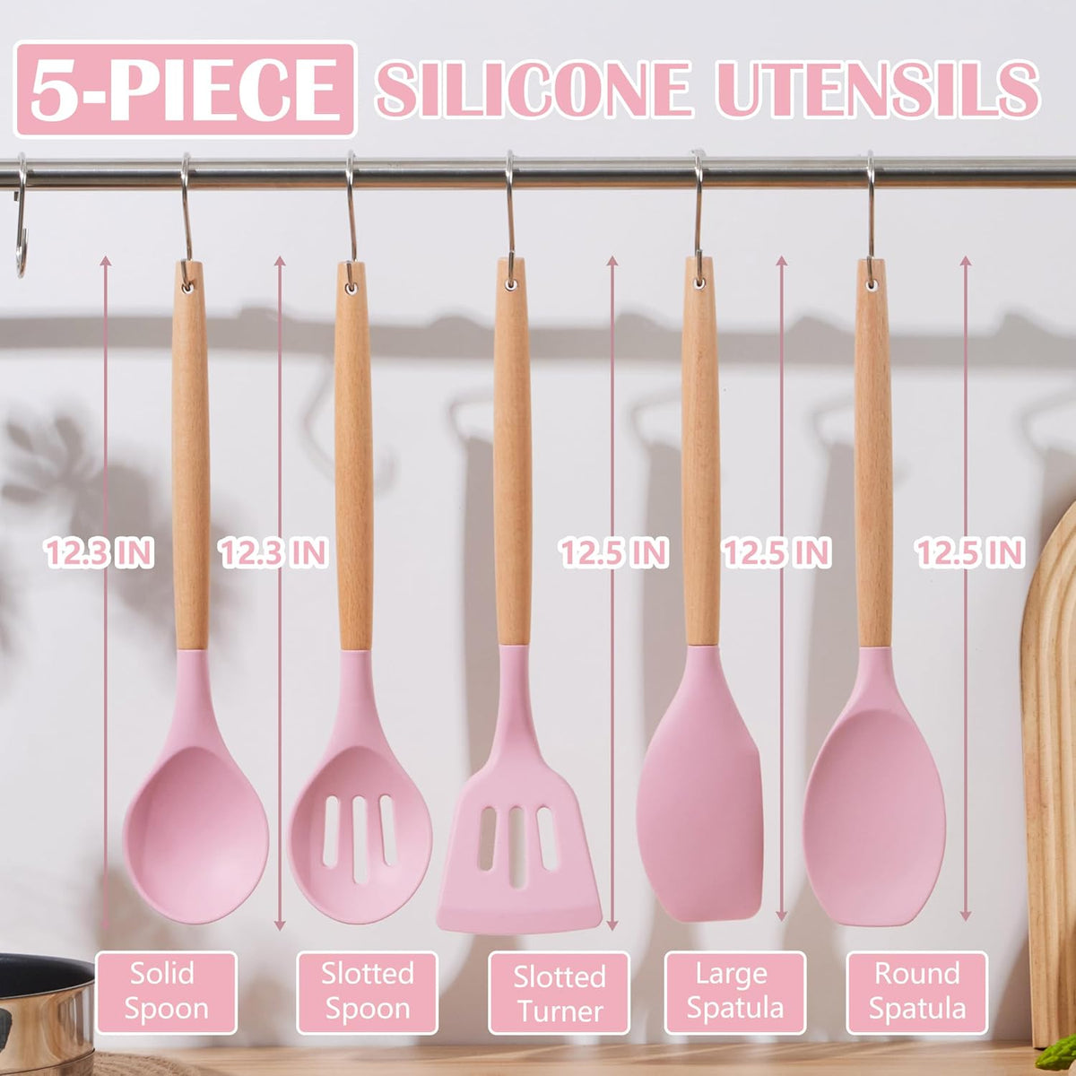 Silicone Cooking Utensils Set, 5-Piece Kitchen Utensils Set with Wooden Handle for Cooking, Silicone Kitchen Nonstick Tools Spatula Turner Slotted Spoons, Nontoxic & Heat Resistant-Pink
