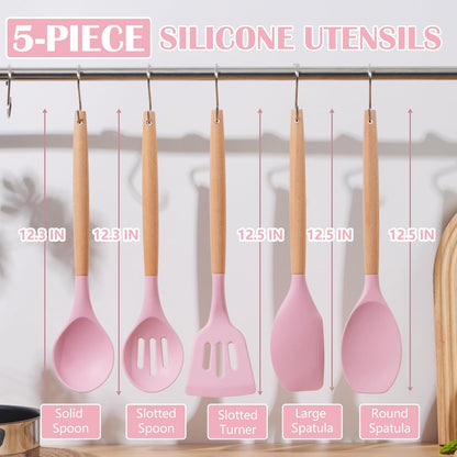 Silicone Cooking Utensils Set, 5-Piece Kitchen Utensils Set with Wooden Handle for Cooking, Silicone Kitchen Nonstick Tools Spatula Turner Slotted Spoons, Nontoxic & Heat Resistant-Pink