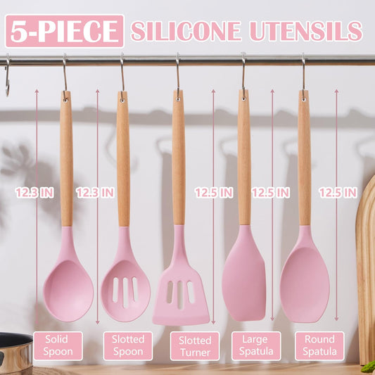 Silicone Cooking Utensils Set, 5-Piece Kitchen Utensils Set with Wooden Handle for Cooking, Silicone Kitchen Nonstick Tools Spatula Turner Slotted Spoons, Nontoxic & Heat Resistant-Pink