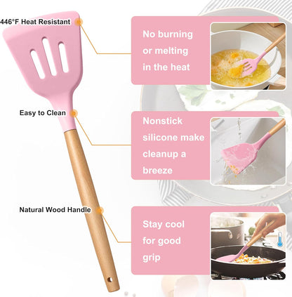 Silicone Cooking Utensils Set, 5-Piece Kitchen Utensils Set with Wooden Handle for Cooking, Silicone Kitchen Nonstick Tools Spatula Turner Slotted Spoons, Nontoxic & Heat Resistant-Pink