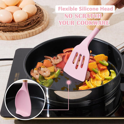 Silicone Cooking Utensils Set, 5-Piece Kitchen Utensils Set with Wooden Handle for Cooking, Silicone Kitchen Nonstick Tools Spatula Turner Slotted Spoons, Nontoxic & Heat Resistant-Pink