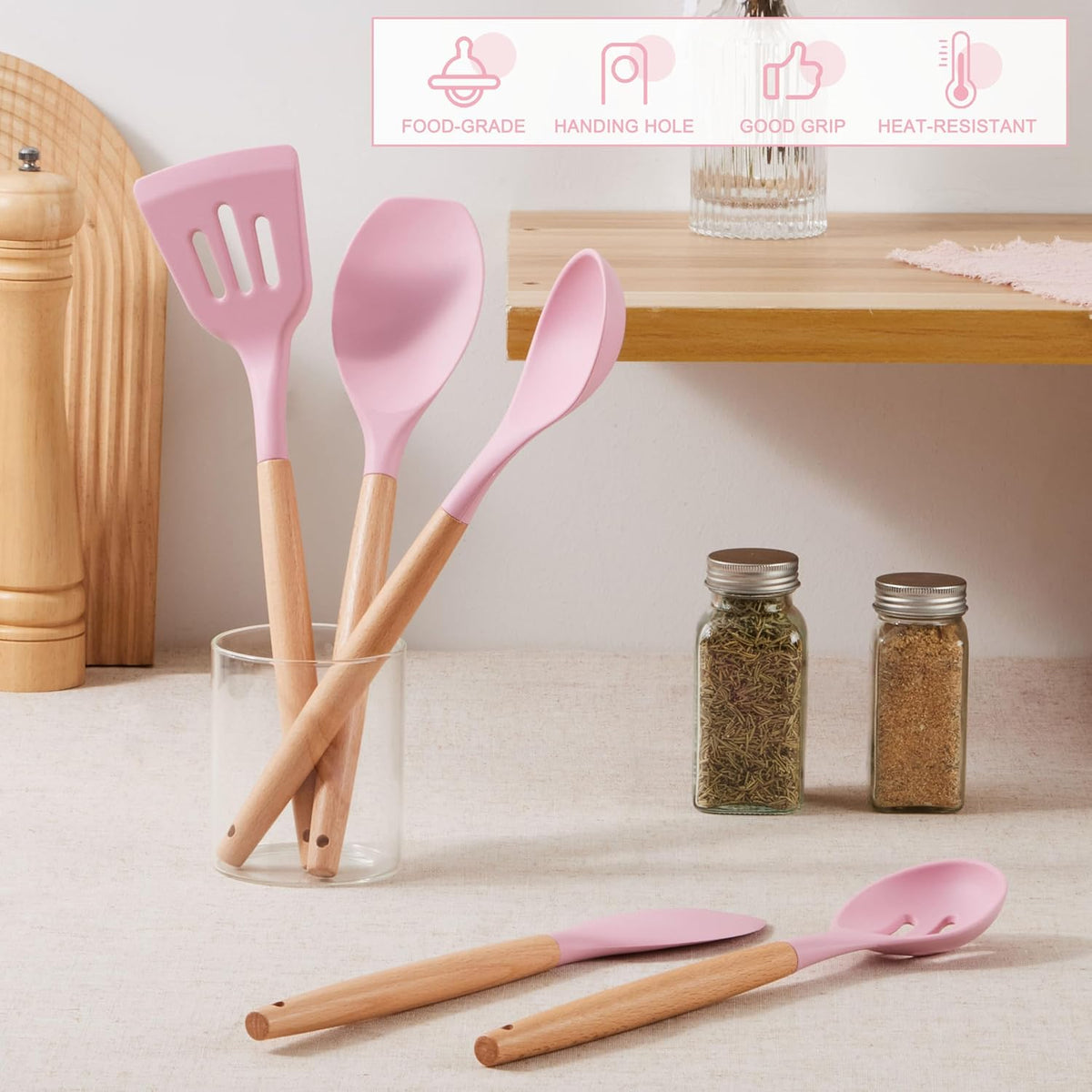 Silicone Cooking Utensils Set, 5-Piece Kitchen Utensils Set with Wooden Handle for Cooking, Silicone Kitchen Nonstick Tools Spatula Turner Slotted Spoons, Nontoxic & Heat Resistant-Pink