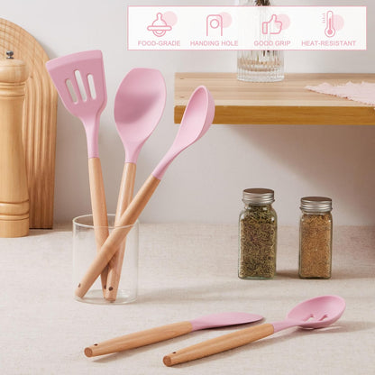 Silicone Cooking Utensils Set, 5-Piece Kitchen Utensils Set with Wooden Handle for Cooking, Silicone Kitchen Nonstick Tools Spatula Turner Slotted Spoons, Nontoxic & Heat Resistant-Pink
