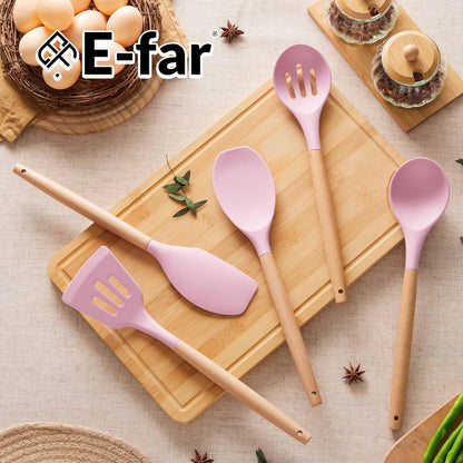 Silicone Cooking Utensils Set, 5-Piece Kitchen Utensils Set with Wooden Handle for Cooking, Silicone Kitchen Nonstick Tools Spatula Turner Slotted Spoons, Nontoxic & Heat Resistant-Pink