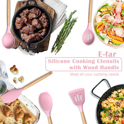 Silicone Cooking Utensils Set, 5-Piece Kitchen Utensils Set with Wooden Handle for Cooking, Silicone Kitchen Nonstick Tools Spatula Turner Slotted Spoons, Nontoxic & Heat Resistant-Pink
