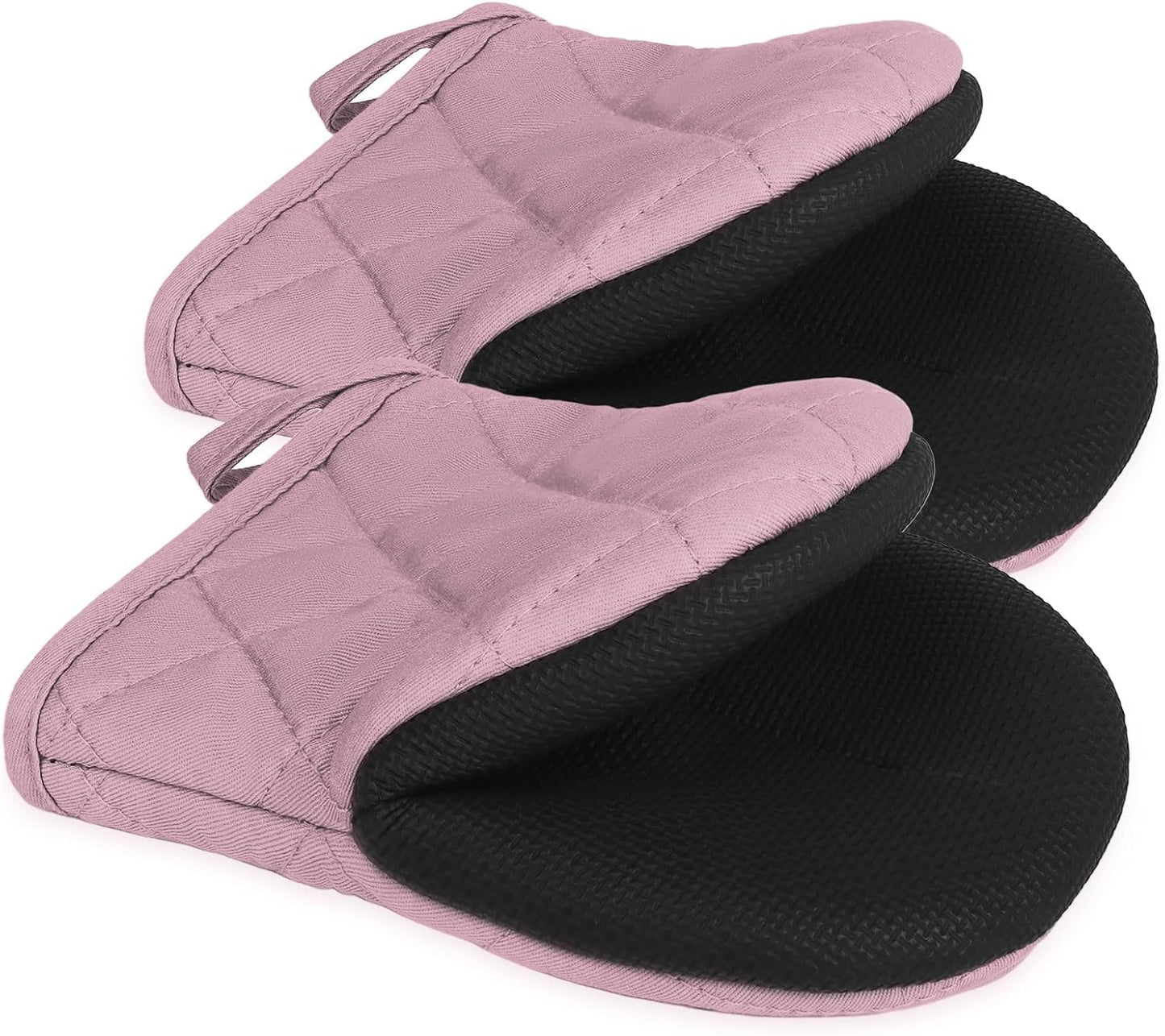 Short Oven Mitts, Heat Resistant 500°F, Silicone Grip Kitchen Gloves, Non-Slip for Baking, Grilling, BBQ, Machine Washable with Hanging Loop, 2-Pack Set, Light Pink