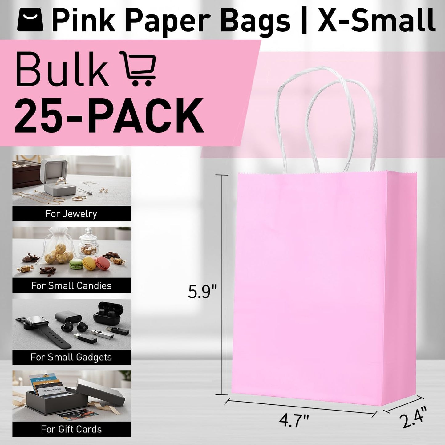 25 Pieces 6" Mini Goodie Bags Small Pink Gift Bags with Handles for Birthday Party Favors, Wedding Treat Bags