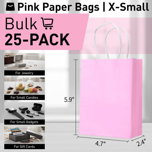 25 Pieces 6" Mini Goodie Bags Small Pink Gift Bags with Handles for Birthday Party Favors, Wedding Treat Bags