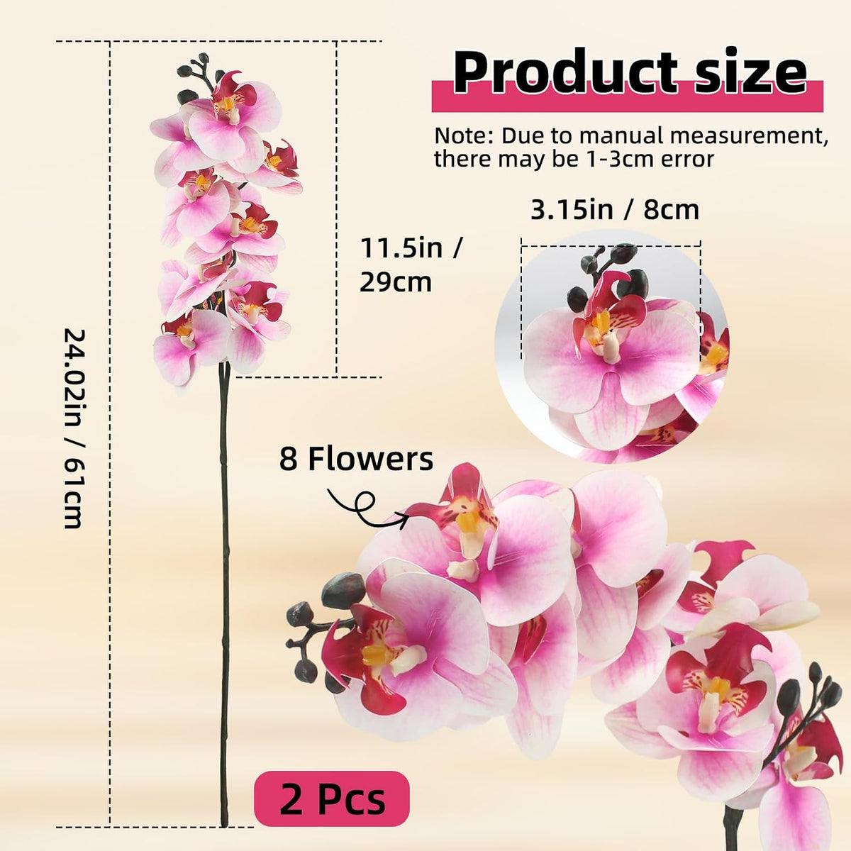 2Pcs Artificial Orchid Stem Faux Flowers Fake Phalaenopsis Real Touch for Home Decor Wedding Party Centerpiece Vase Decoration (24" Pink White)