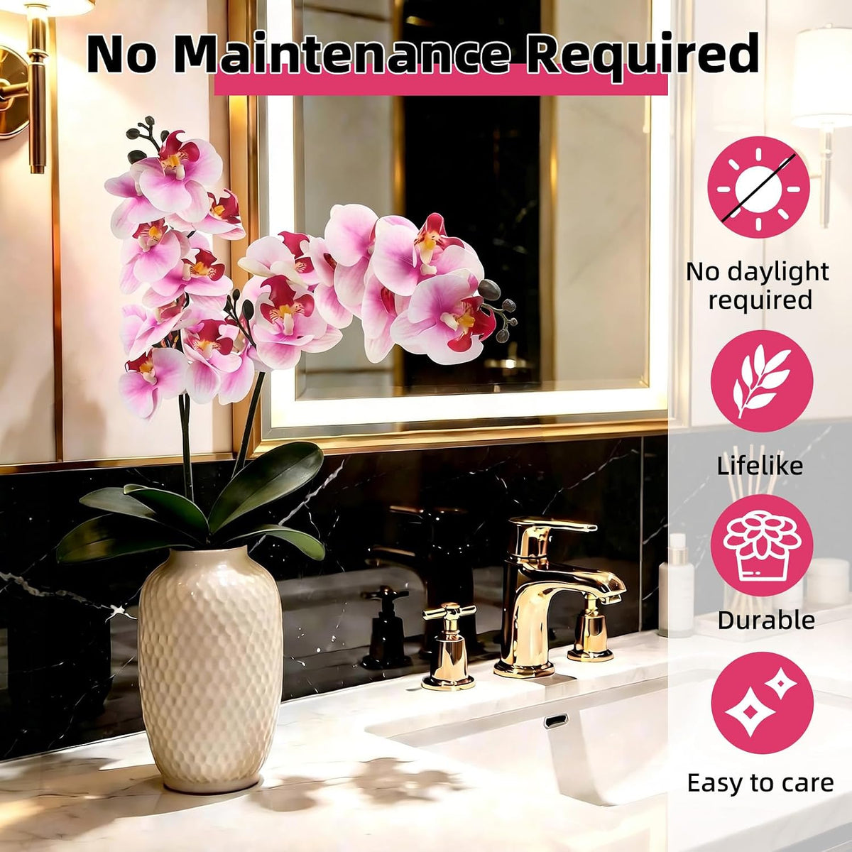 2Pcs Artificial Orchid Stem Faux Flowers Fake Phalaenopsis Real Touch for Home Decor Wedding Party Centerpiece Vase Decoration (24" Pink White)