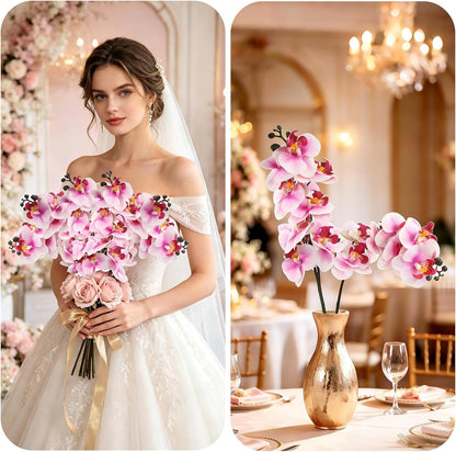 2Pcs Artificial Orchid Stem Faux Flowers Fake Phalaenopsis Real Touch for Home Decor Wedding Party Centerpiece Vase Decoration (24" Pink White)