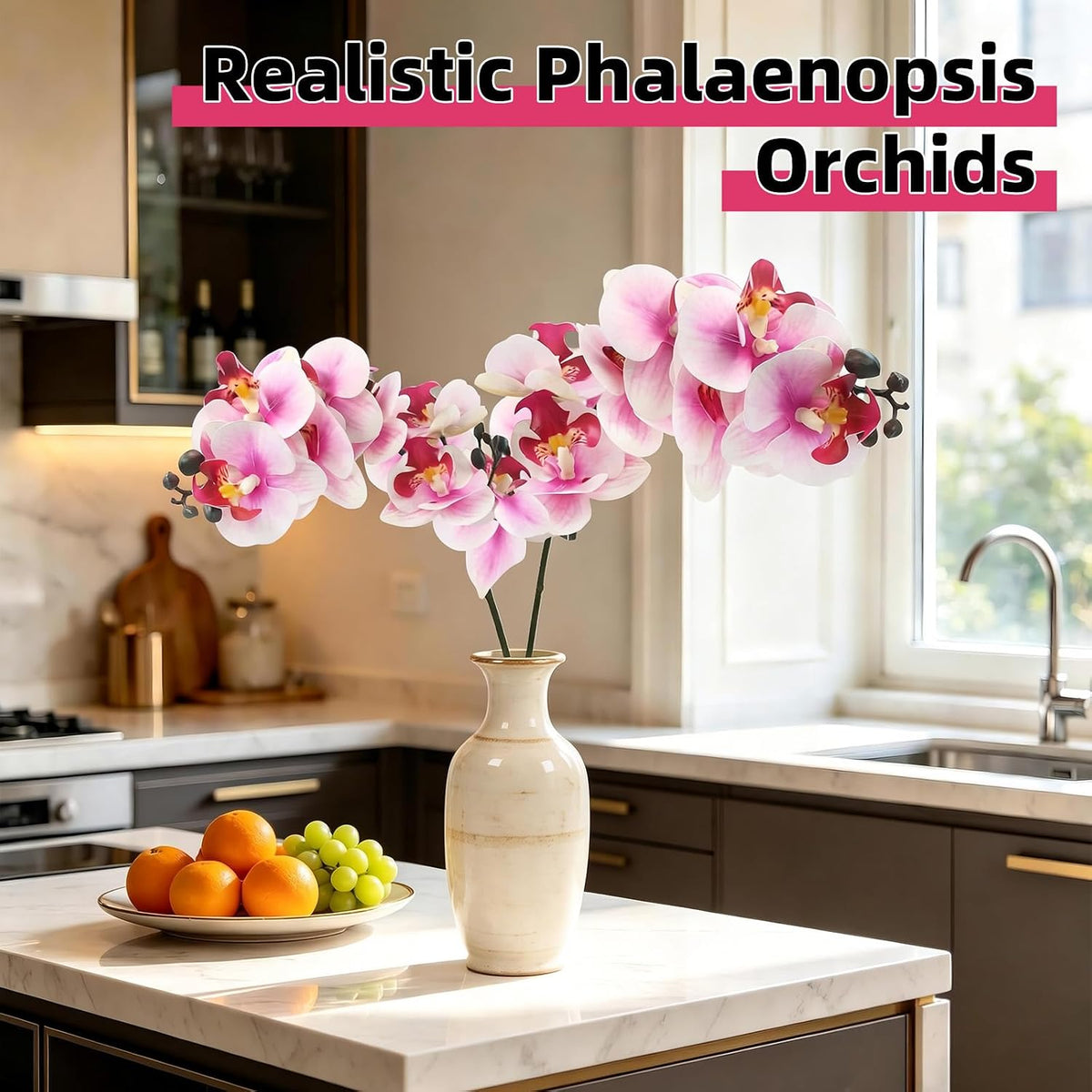 2Pcs Artificial Orchid Stem Faux Flowers Fake Phalaenopsis Real Touch for Home Decor Wedding Party Centerpiece Vase Decoration (24" Pink White)