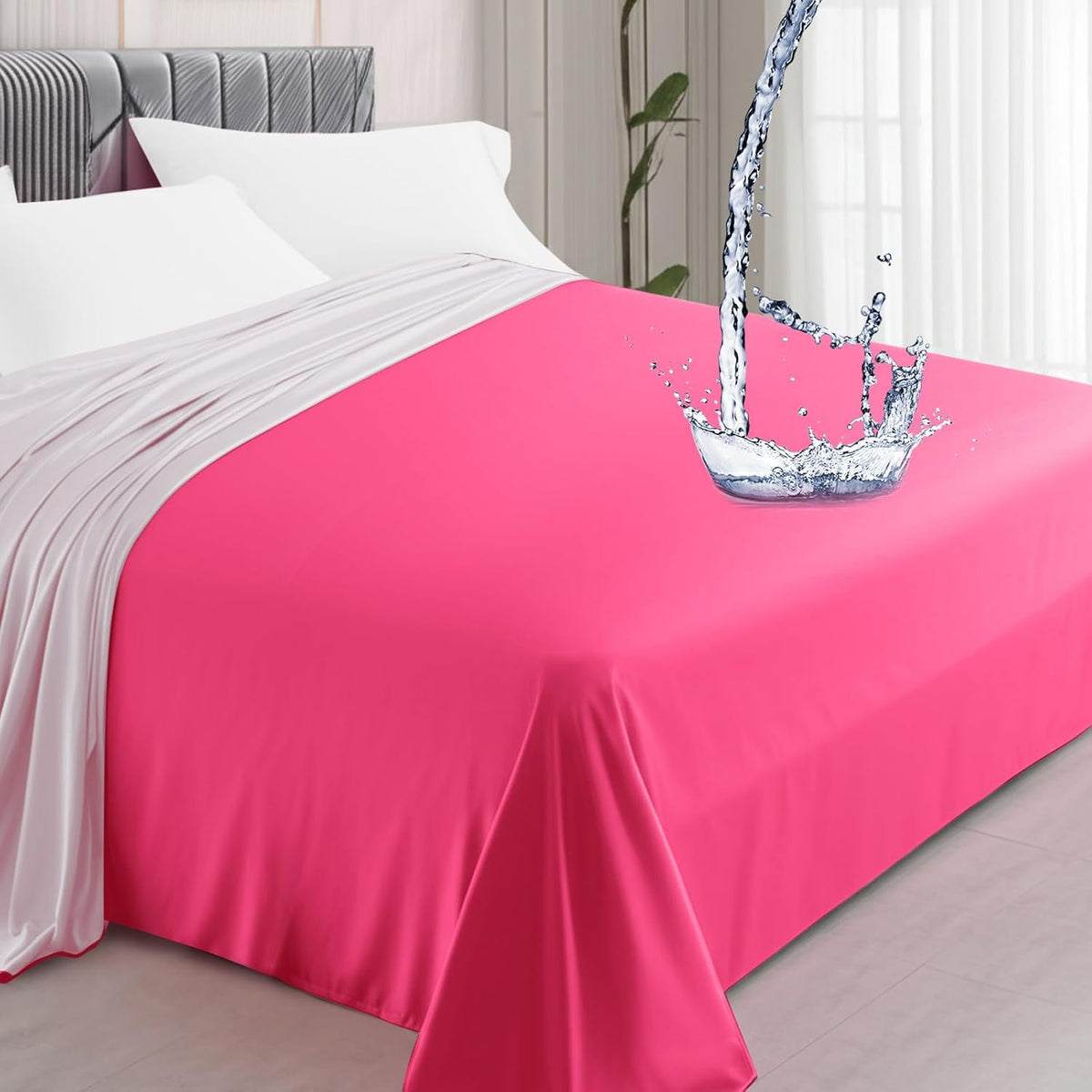 Waterproof Bed Blanket Queen Size 78'' x 82'' Pink Polyester, TPU Waterproof Film Mattress Protector Mat with Storage Bag for Bed Cover