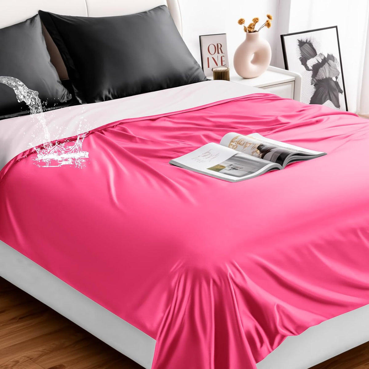 Waterproof Bed Blanket Queen Size 78'' x 82'' Pink Polyester, TPU Waterproof Film Mattress Protector Mat with Storage Bag for Bed Cover